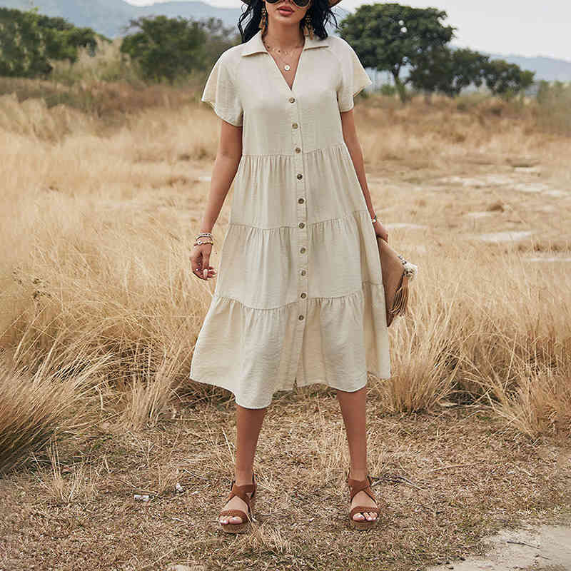 women summer dress Casual turn down collar short sleeve single buttons loose pleated female long es 210524, Apricot
women summer dress Casual turn down collar short sleeve single buttons loose pleated female long es 210524, Apricot