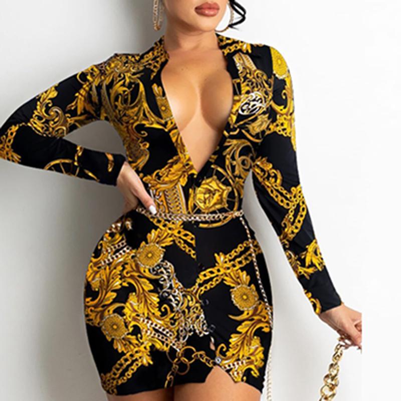 High Quality Vintage Chain Print Bodycon Mini Dress For Women: Sexy Long Sleeve Club Wear B5
