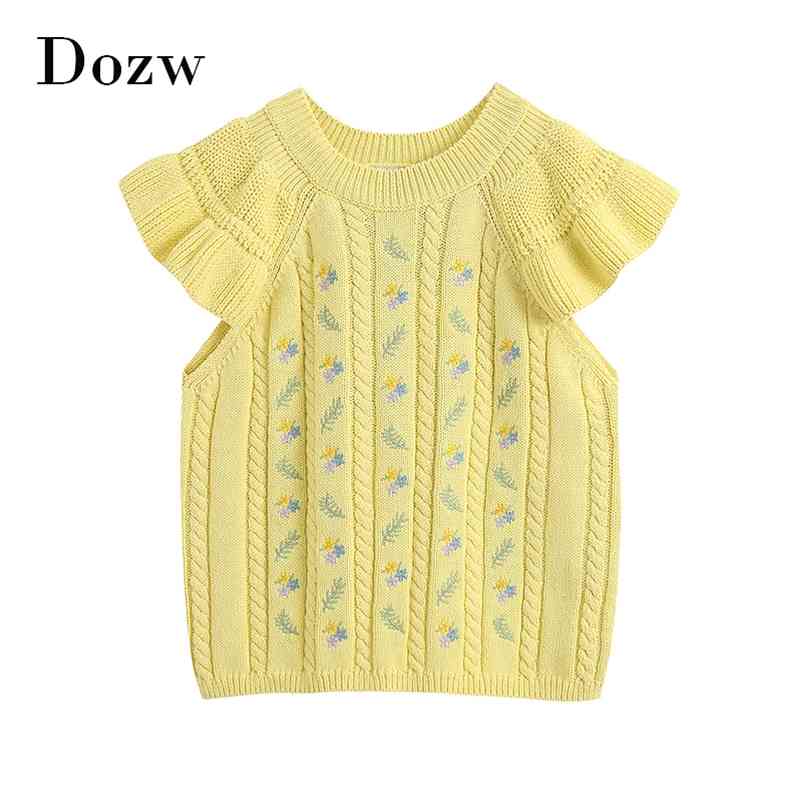 Women Chic Floral Embroidery Tank Tops Summer O Neck Fashion Camisole Yellow Casual Knitted Female Ropa Mujer 210515