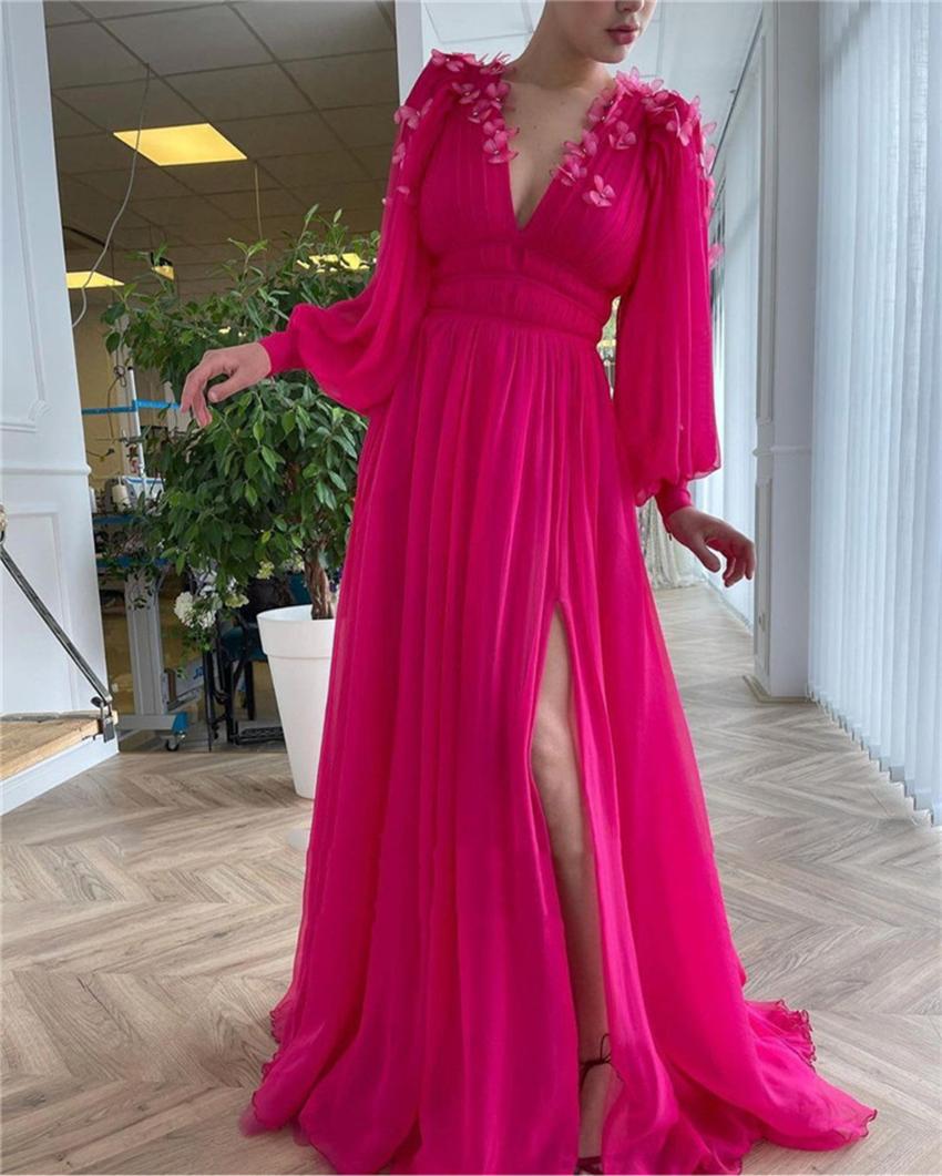 Bright Pink Chiffon Prom Dress With 3 D Butterfly Flowers Long Puff Sleeves V Neck Slit A Line Evening Dresses Custom Made Formal Party Wear