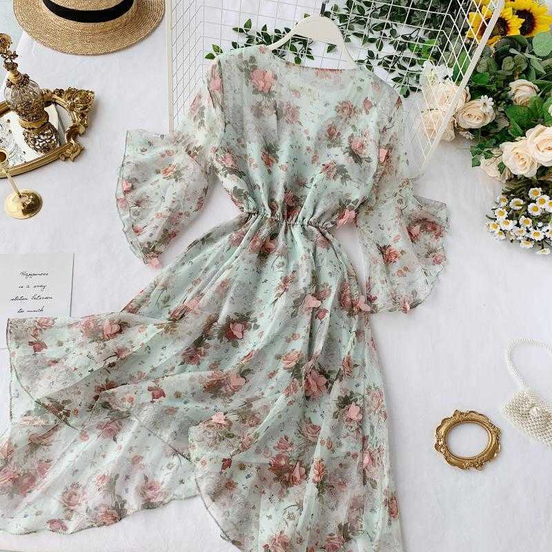 Mozuleva Women Chiffon Dress Summer Sexy V-neck Flare Sleeve Floral Sweet Tulle Dress Elegant Ladies Irregularity Robe 210630
