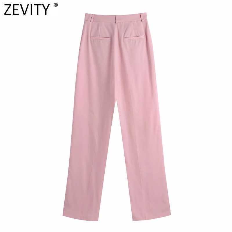 Zevity Women Simply Pink Color Wide Leg Pants Vintage High Waist Office Ladies Zipper Fly Casual Pantalones Mujer P1023 210603
