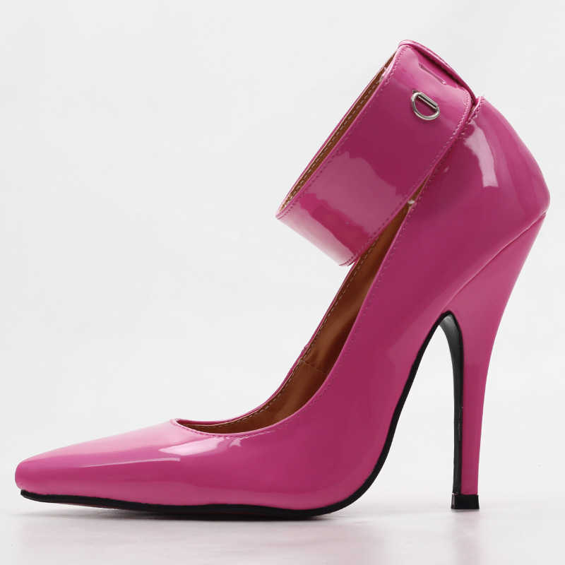 jialuowei BDSM Sexy Fetish High-Heel Pumps Lock And Key 5" High Heels Pointed Toe Ankle Strap Padlocks Shoes Plus size 36-46 210907