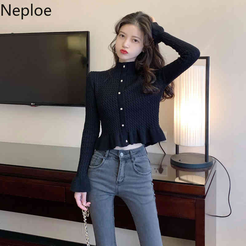 Neploe Turtleneck Woman Sweater Women Knitted Ribbed Cropped Cardigan Winter Clothes Long Sleeve Slim Sueter Coat 4G932 210422