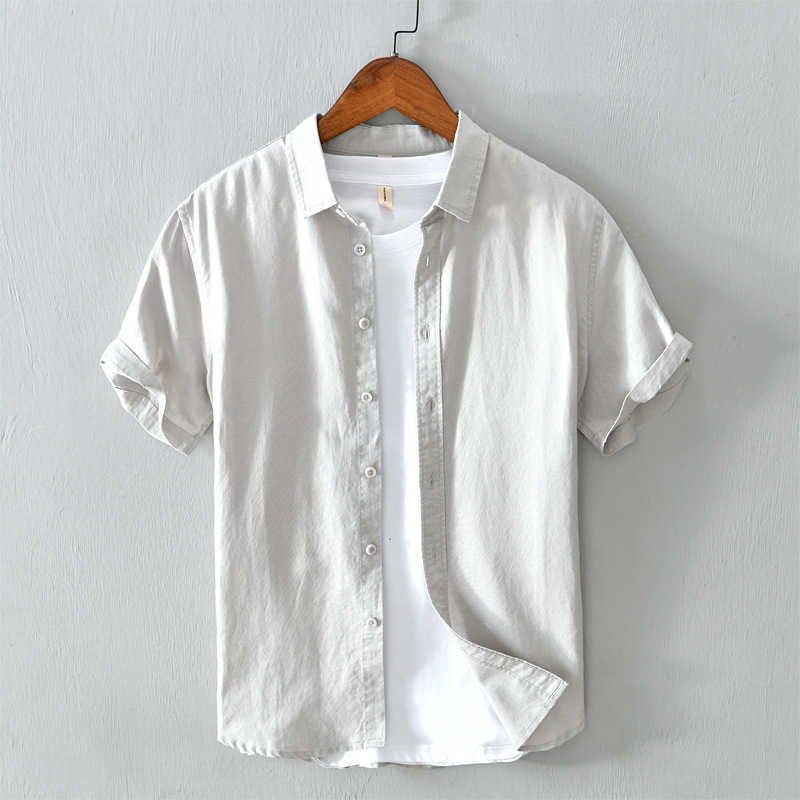 Linen Short Sleeve Shirts for Men Casual Plus Size 4XL Green Turn Down Collar Tops Male Summer Vacation Clothing 210601