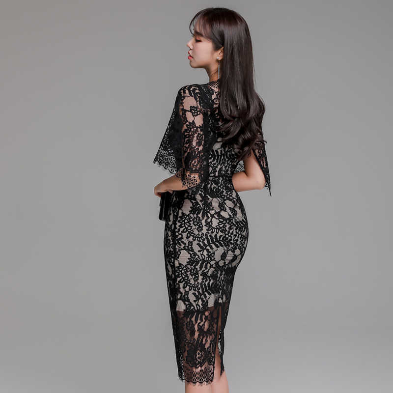 Sexy Lace Dress Black White V-neck Short Cloak Sleeve Bodycon Summer Elegant Ladies Floral Hollow Out Party 210603