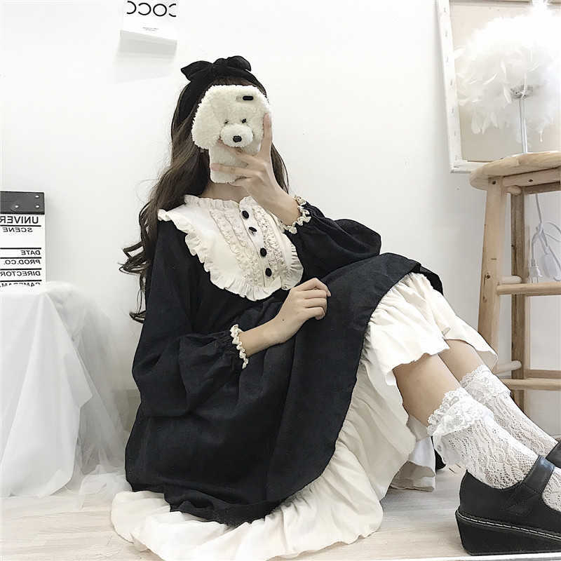 Japanese Style Autumn Women'S Dresses O-Neck High Waist Slimming Contrast-Color Ruffled Sweet Lolita Dress Kawaii Clothing 210623