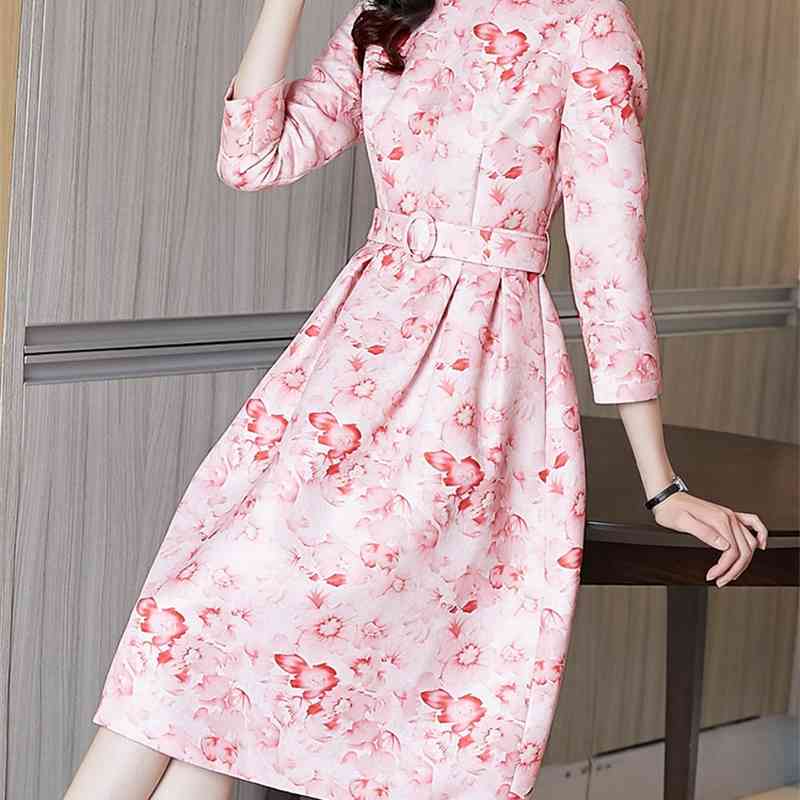 Women's Spring Runway Elegant Pink Dress Fashion O-Neck 3/4 Sleeve Print Slim Retro Dresses Vestdios 210519