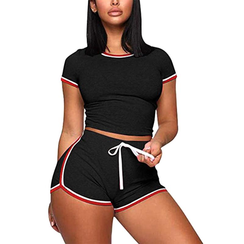 Casual Women Summer 2PCS Striped Yoga Set Girls Short Sleeve Top+Elastic Waist Fitness Shorts Exercise Running Gym Sports Sets Women's Track