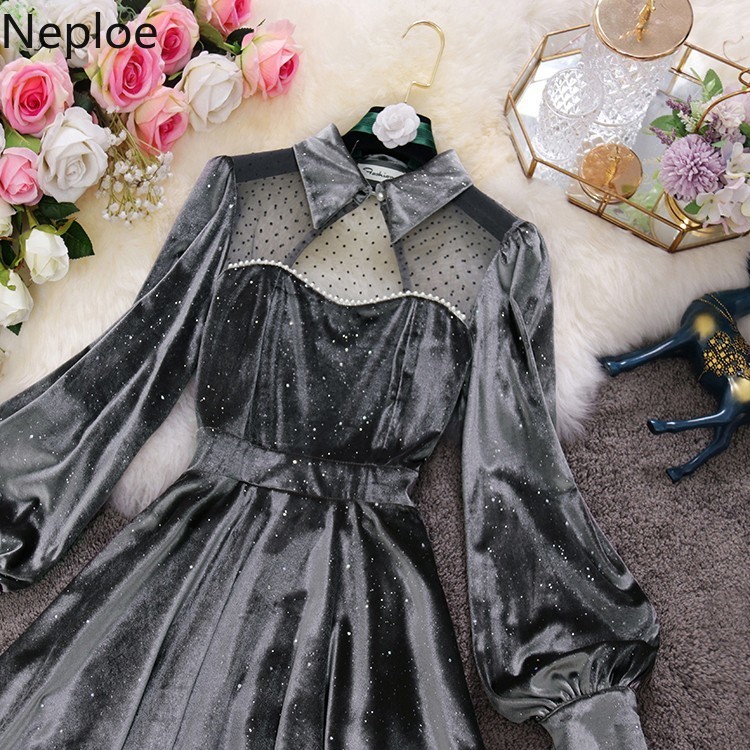 Neploe Chic Sequined Velvet Dress Patchwork Gauze Beading Robe Stand Neck Hollow Out Vestidos Flare Sleve Elegant Dresses Women 210422