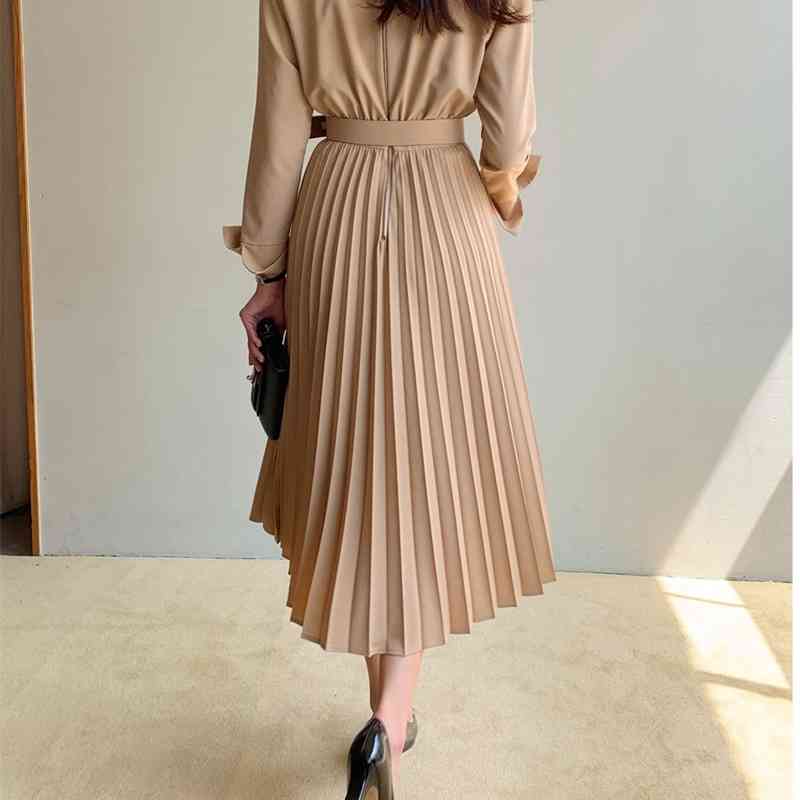Vintage Elegant Belted Women Dresses Slim Waist Office Ladies Pleated Female Vestidos Autumn 210520