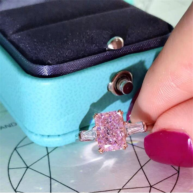 Choucong Ins Top Sell Wedding Ring Handmade Jewelry Solitaire Princess Cut Pink Topaz Dia Eternity Statement Women Engagement Band Rings For Lover Gif