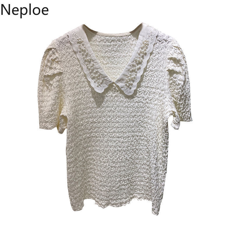 Neploe Blouse Women Summer Blusas Female Peter Pan Collar Heavy Beading Shirt Korean Fashion Pleated Tops White Blouses 210422