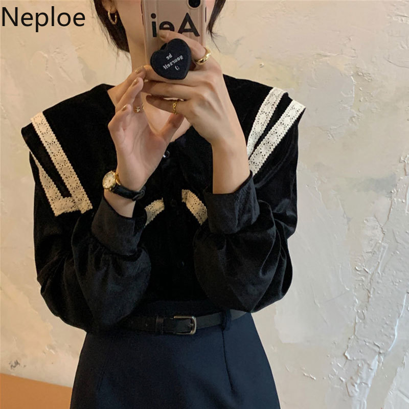 Neploe Vintage Temperament Shirts Women Blouses Long Sleeve Velvet Blouses Lace Tops Korean Chic Clothes Fashion Blusas 210422