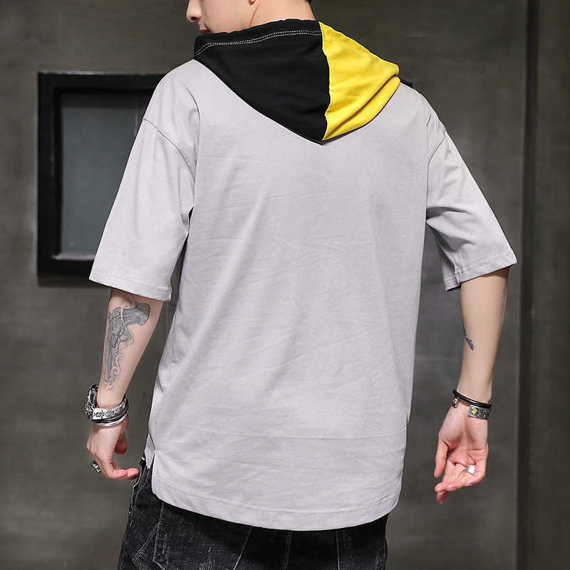 Summer Men Tshirt Casual Tops Tee Shirts Patchwork Loose Hooded Male Streewear Hoodie Half Sleeve T-shirt Pullover Clothing 210603