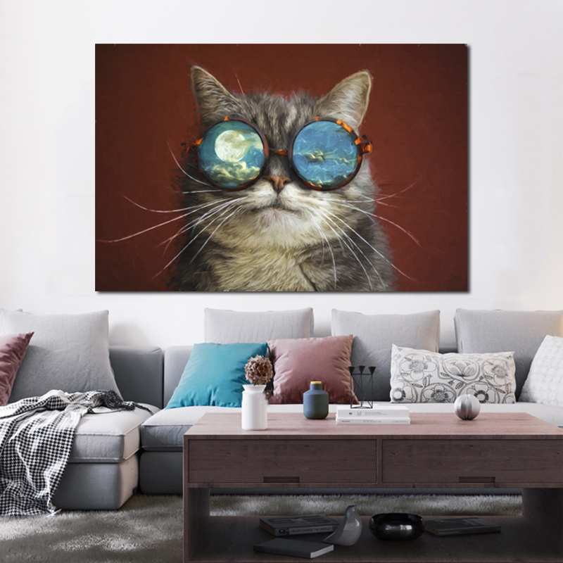Cat With Glasses Poster Canvas Painting Wall Art Pictures For Living Room Animal Posters And Prints Modern Home Decor Cuadros