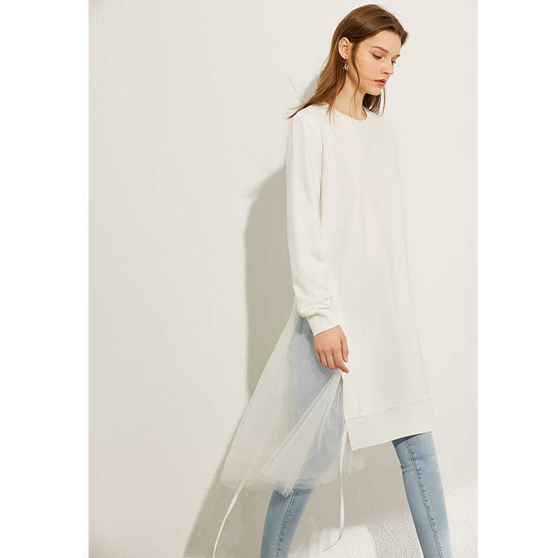 Minimalism Autumn Fashion Solid Spliced Lace Women Hoodies Causal Oneck Loose Long Female Pullover Tops 1129 210527