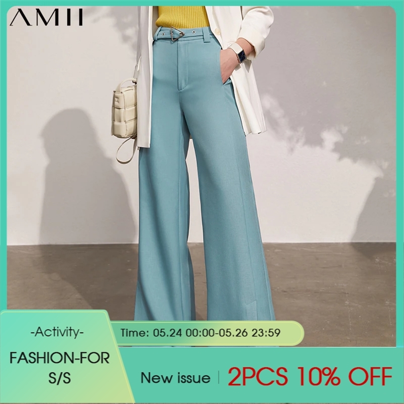Minimalism Spring Summer Women's Pants Offical Lady Solid Belt Loose Female Chiffon Causal Women Trousers 12170111 210527