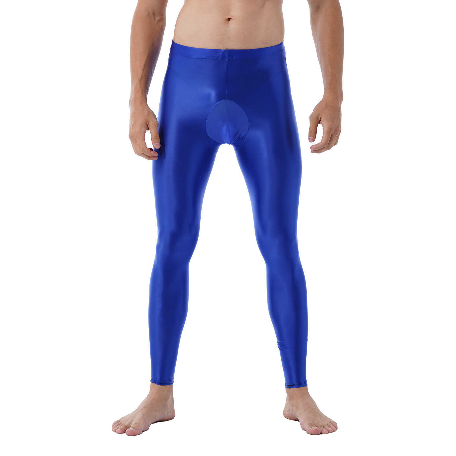 Mens Solid Color Glossy Pants Comfortable Bulge Pouch Pants Mid Elastic Waistband Stretchy Leggings Exotic Skinny Pants Y0811
