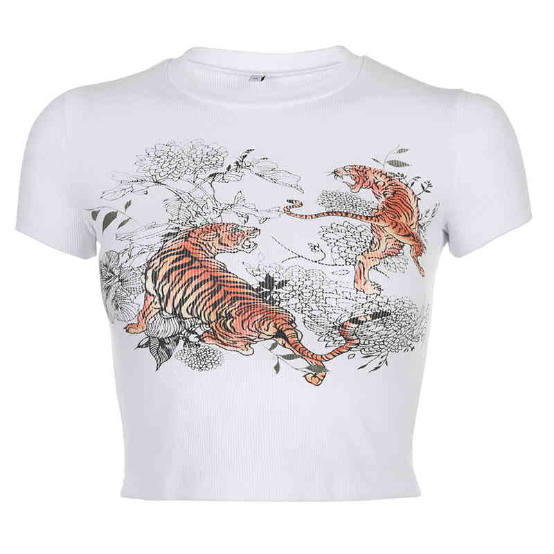 Rockmore Fire Flame&Letter Print T-Shirt Women Short Sleeve Casual Top Tshirt Femme Bodycon O-neck Crop Tops Basic Tee Shirts 210406