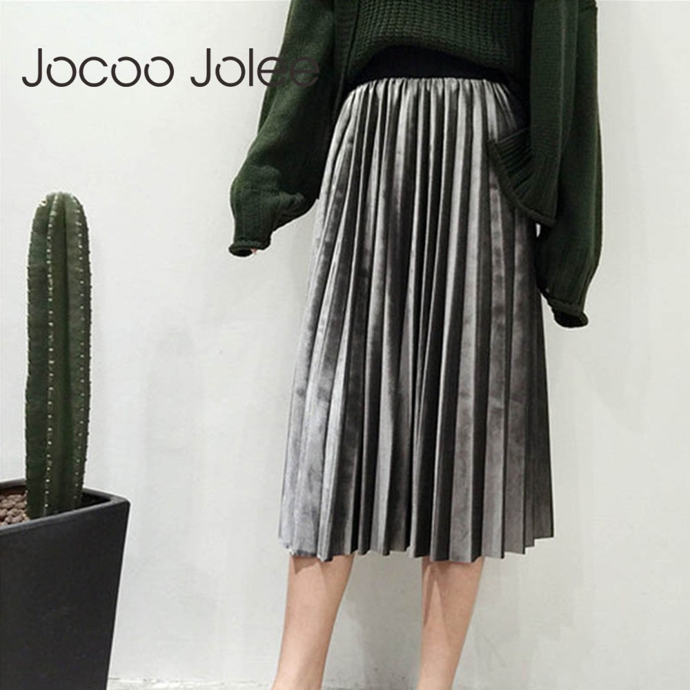 Autumn Women Casual Long Metallic Silver Maxi Pleated Skirt Midi Elastic High Waist Suede Party 210428
