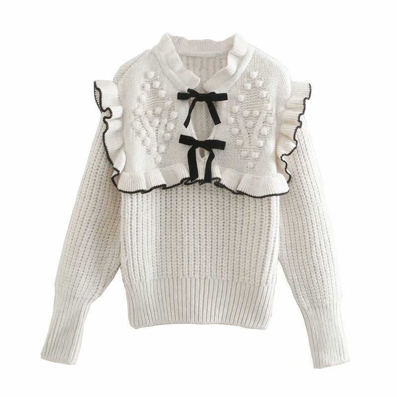 Sweater Women Fashion Elegant Ruffles Bow Knitted Jumper Female Pullovers Chic Tops 210628
