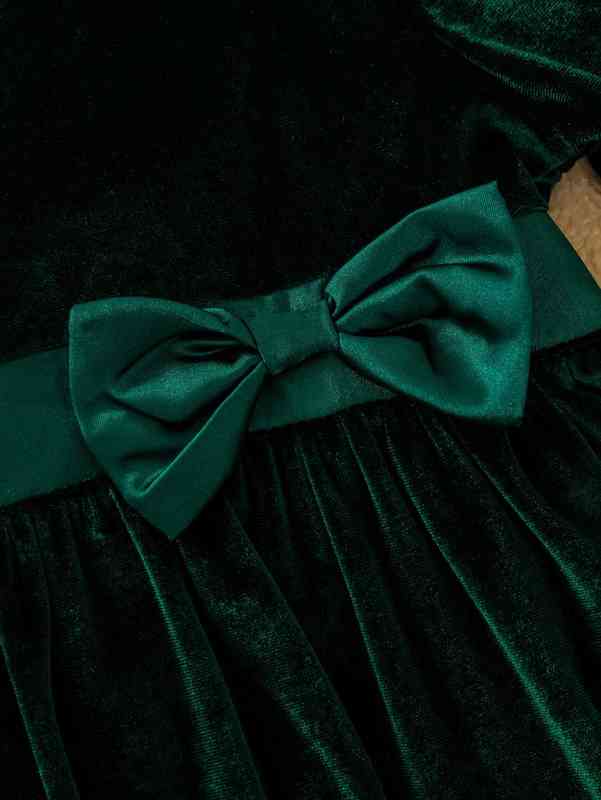Baby Flounce Sleeve Bow Front Ruffle Hem Velvet Dress SHE