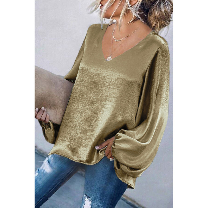 Women's Tops Tees 2021 European and American long-sleeved loose V-neck solid color top