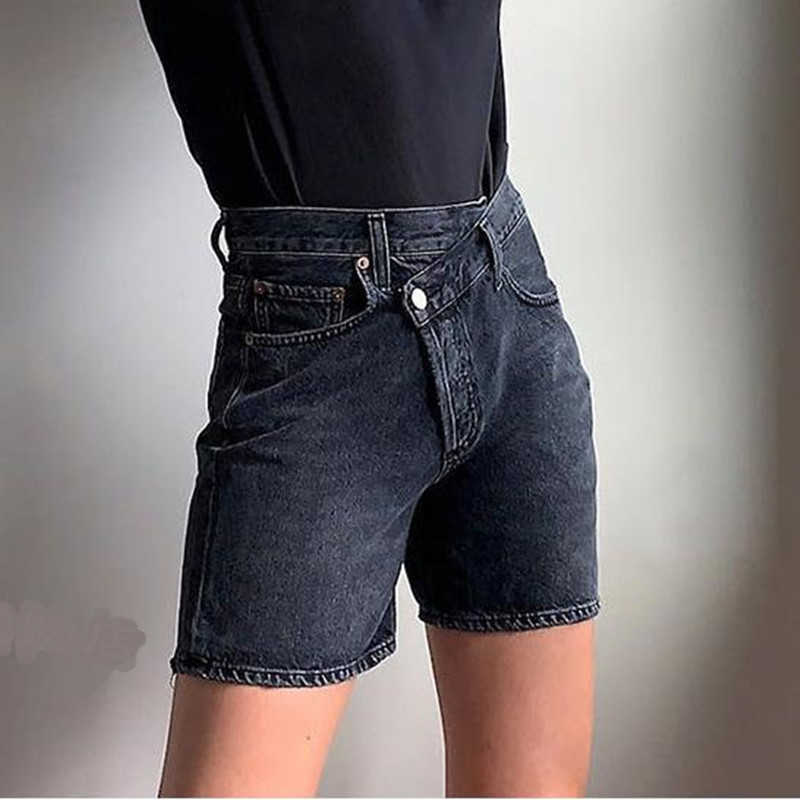 Asymmetric Waist Straight Leg Jeans Denim Shorts Womens Vintage High Waist fashion summer casual clothings 210611
