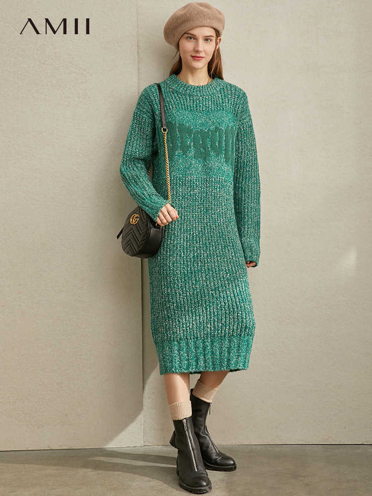 Knitted Dresses Winter Women Fashion Round Neck Loose Solid Elegant Female Knit Dress 11980759 210527