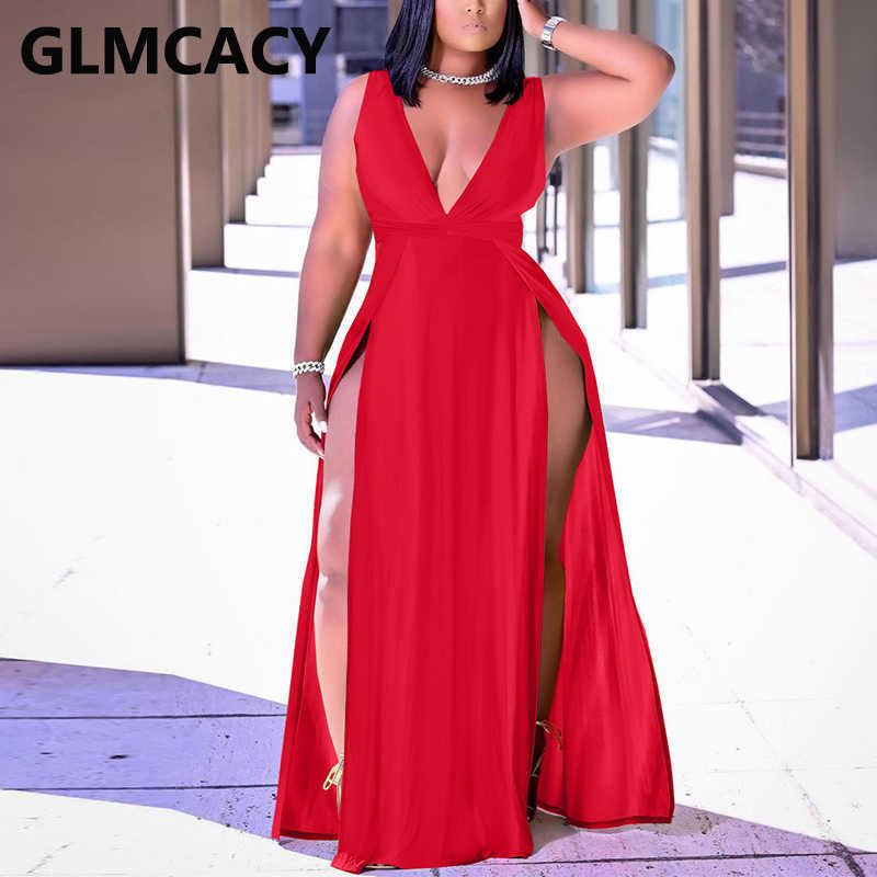 Sleeveless V Neck Maxi Dress Elegant Evening Party High Slit Dresses Vestidos 210702