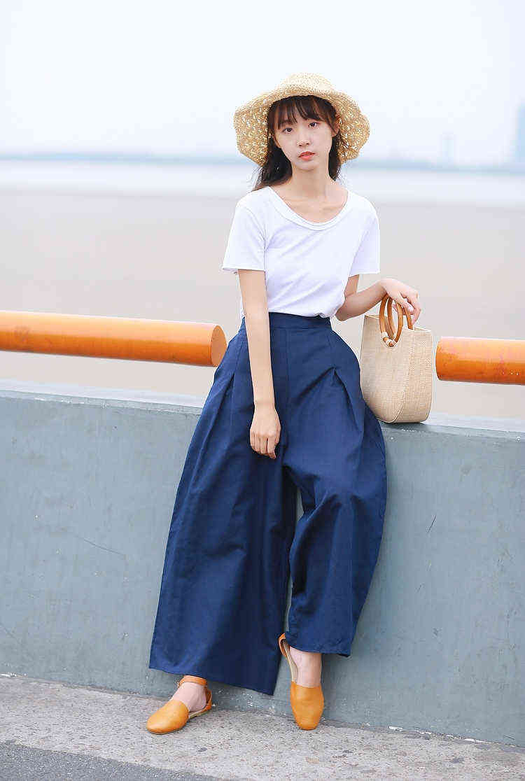 Colorfaith Women Summer Trousers Pantskirt High Elastic Waist Casual Cotton and Linen Wide Leg Ankle-Length Pants P6673 211115