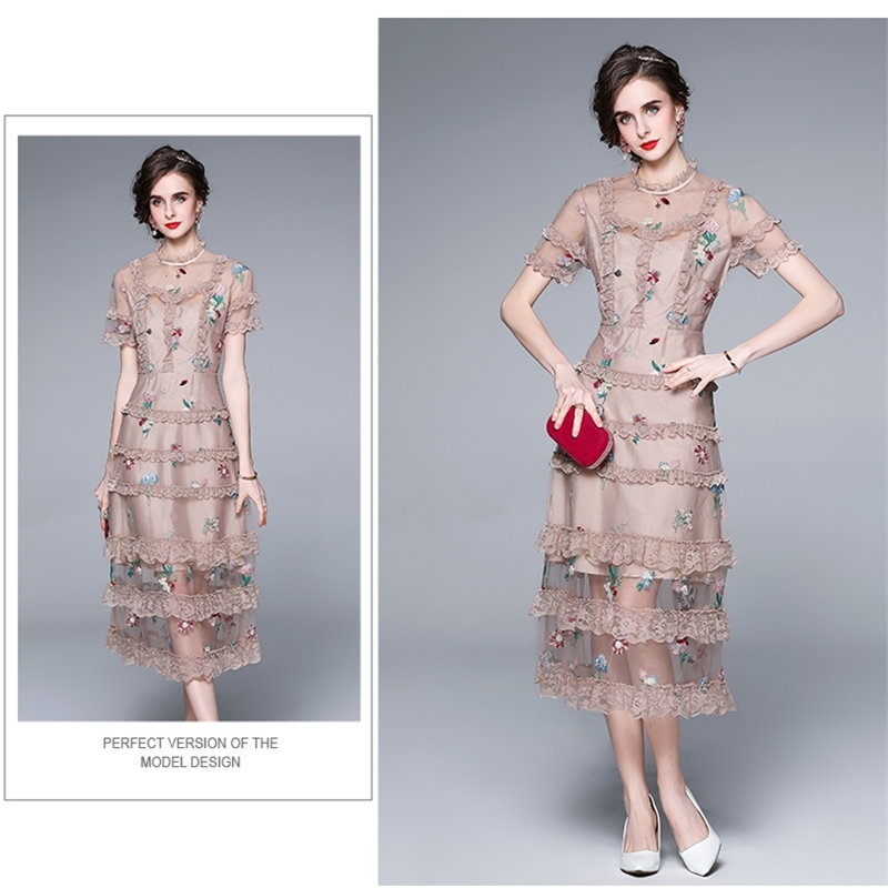 Summer Women Lace Patchwork Mesh Embroidery Ruffles Cake Dresses Retro Stand Collar Short Sleeve Boho Sweet Long Dress 210519