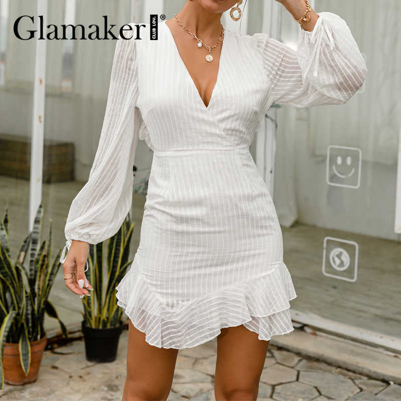 Glamaker Sexy backless white mini dress Summer autumn ruffle A-line dress Holiday beach lace up women elegant fashion shortdress 210630