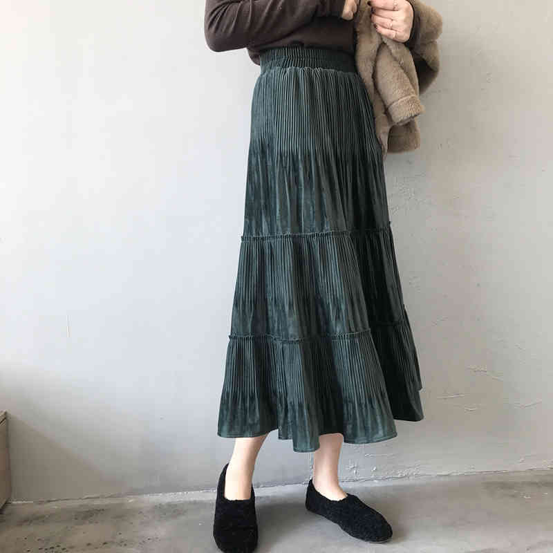 High Waist Skirt Pleated Gold Velvet Autumn Winter Women Bottoms Fashion Elegant Solid A-line Long Skirts 210421