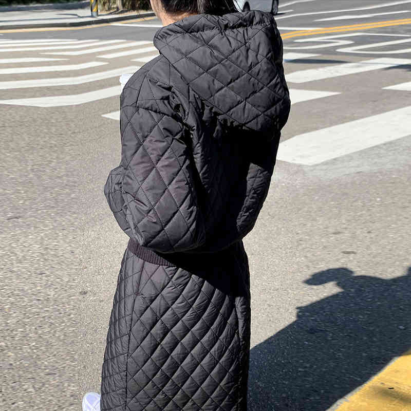 Loose Retro Diamond Cotton Dress A-Line Skirts Winter Chic Hooded Pullover Parkas Skirt Suit Street Sets 210510