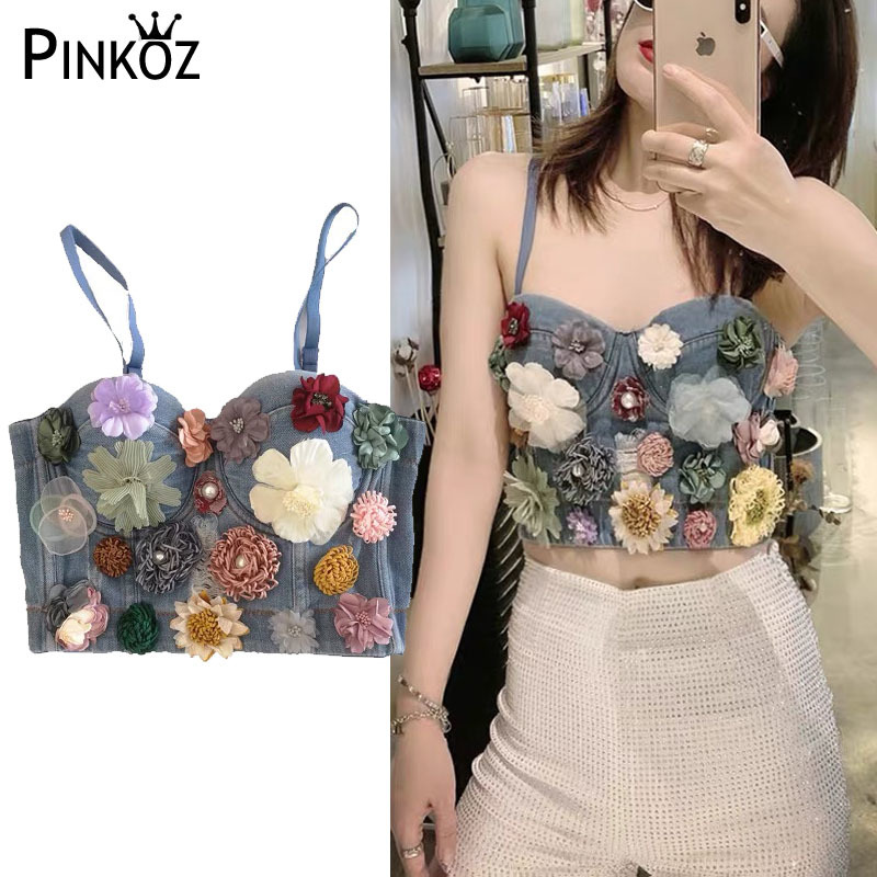 Applique Floral Corselets Women's Bachelorette Bustier Denim Bra Cropped Top Wedding Bralette Vest Plus Size ropa mujer 210421