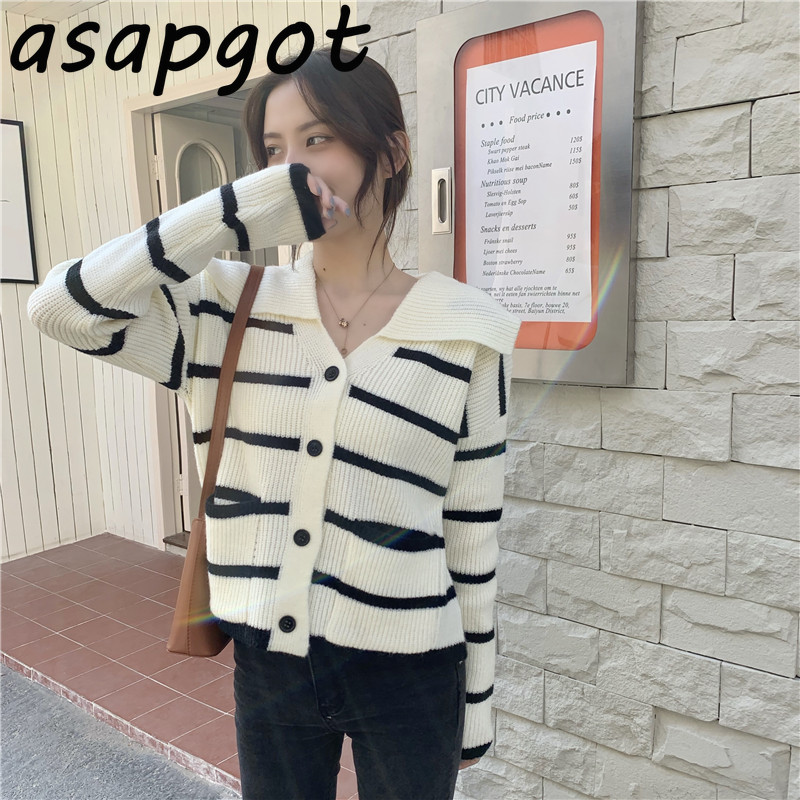 Sweater Autumn Preppy Style Black White Striped Knitted Cardigan Jacket Turn Down Collar Contrast Color Casual Student Men 210429