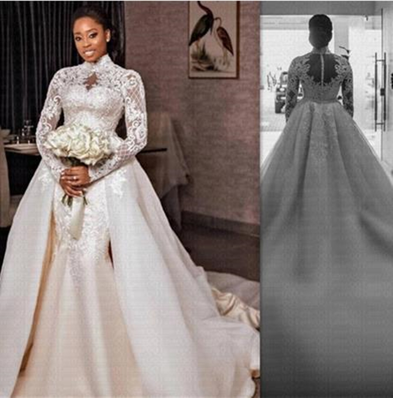 Luxury Africa High Neck Mermaid Wedding Dresses Bridal Gowns With Detachable Train Lace Appliqued Full Sleeves Long Bride Dress robe de mariée 2021 Au