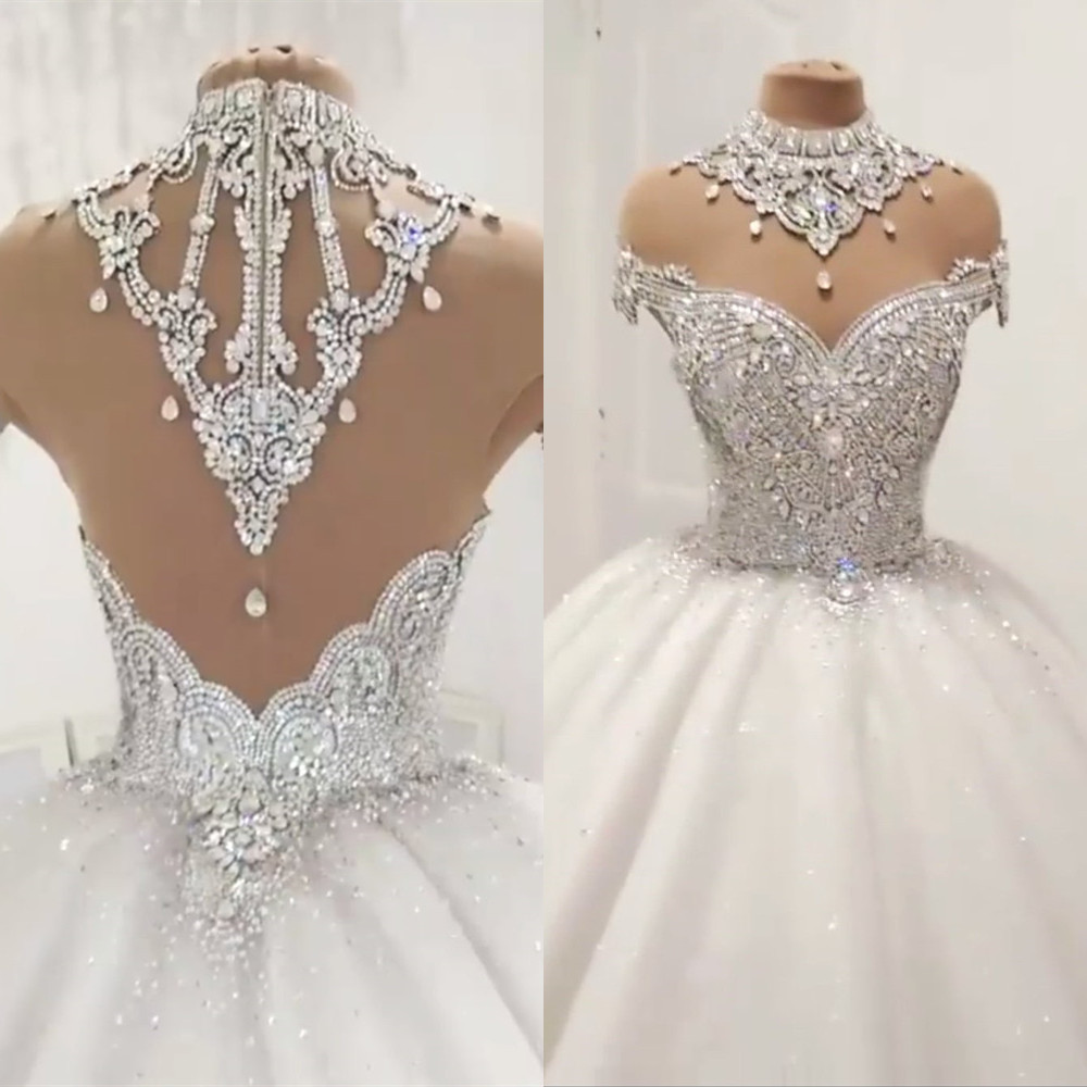 Sparkle Crystal Vestidos Novia 2022 Wedding Dresses High Neck Luxury Bridal Gowns Backless Beaded Princess robe de mariee