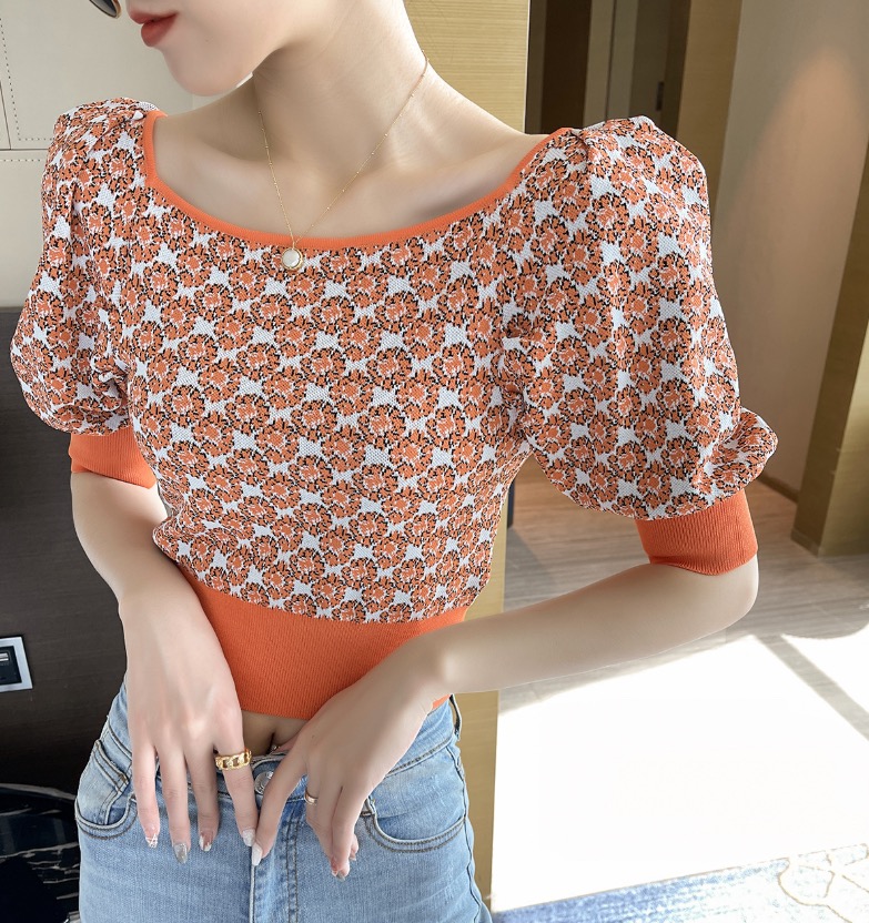 2021Net red French T-shirt Knits & Tees Retro square neck Lantern Sleeve orange print slim fit high waist short bottomed temperament top, White
2021Net red French T-shirt Knits & Tees Retro square neck Lantern Sleeve orange print slim fit high waist short bottomed temperament top, White