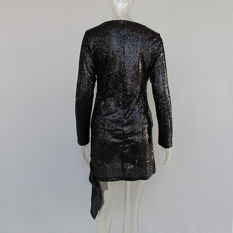 Black Patchwork Sequin Dress For Women O Neck Long Sleeve High Waist Irregular Hem Mini Dresses Female Fashion 210520