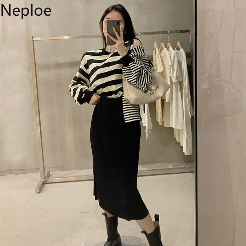 Neploe Woman Sweater Autumn Winter Clothes Sexy Off Shoulder Striped Knitted Pullovers Loose Casual Jumper Korean Sueter Coat 210422