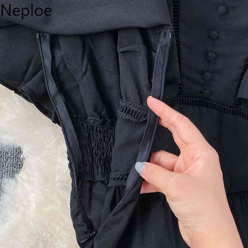 Neploe Sweet Dresses Summer Ladies Vestidos V Neck Hollow Out Ruffles Maxi Robe Elegant High-waist A-line Chiffon Dress 210422