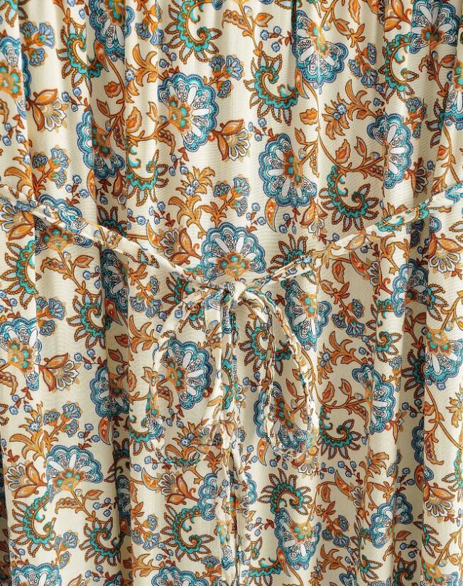 Bohemia Stream Buttons V neck Floral Print Long Sleeve BOHO Dress Woman Bandage Lacing up Waist Mid Calf Holiday Dresses 210429