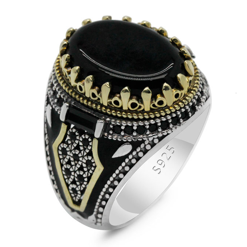 Natural Black Agate Stone for Men 925 Sterling Silver Golden Crown King Male Ring Vintage Turkish Handmade Jewelry Gift