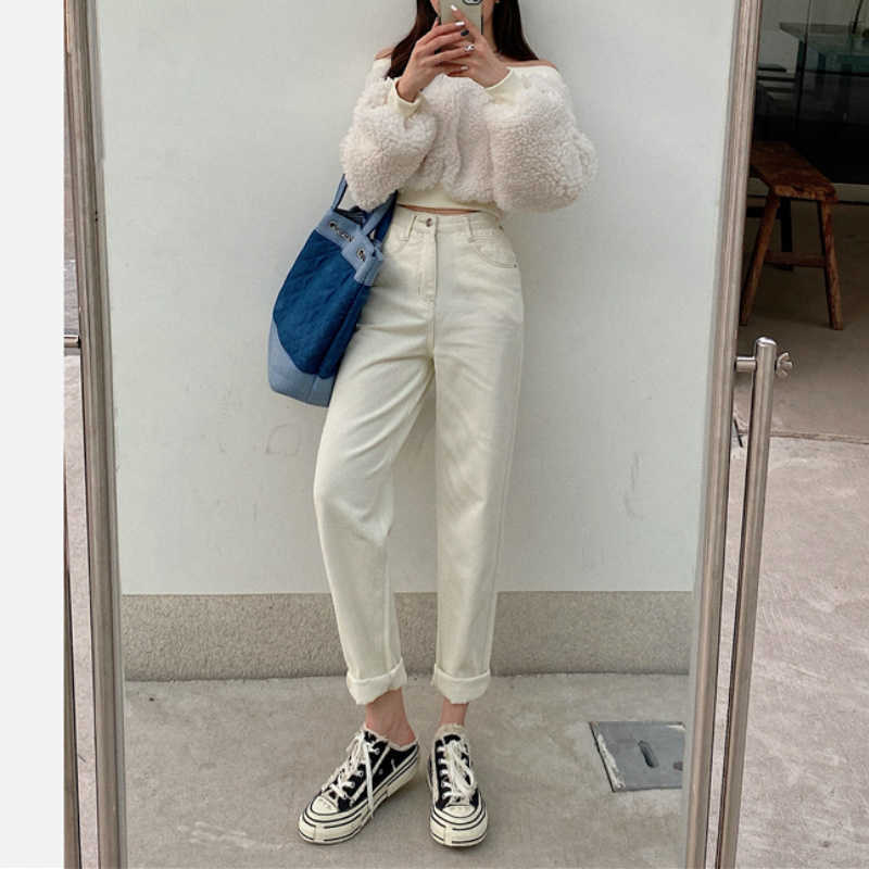 Mozuleva White Jeans for Women High Waist Harem Mom Spring Long Streetwear Fleece Losse Denim Pants 210922