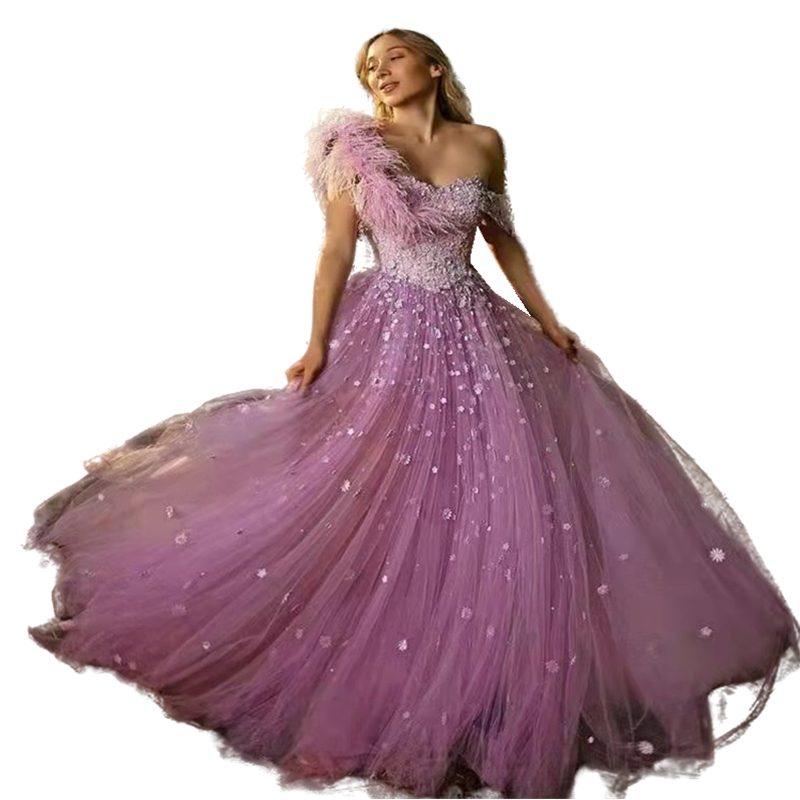 Princess Pink Flowers Feather Quinceanera Dresses Appliques Beaded Long A Line Sweet 16 Dresses quinceañera Vestidos De Xv Años 15 Years Brithday Prom
