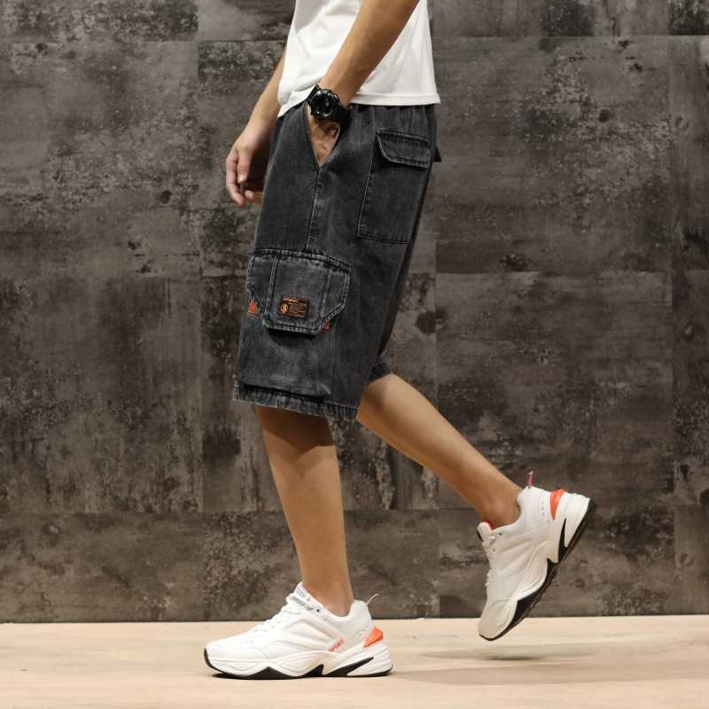 Men Denim Shorts Streetwear Elastic Waist Breeches Bermuda Male Big Pocket Casual Half Jean Summer Fashion Cargo 210629