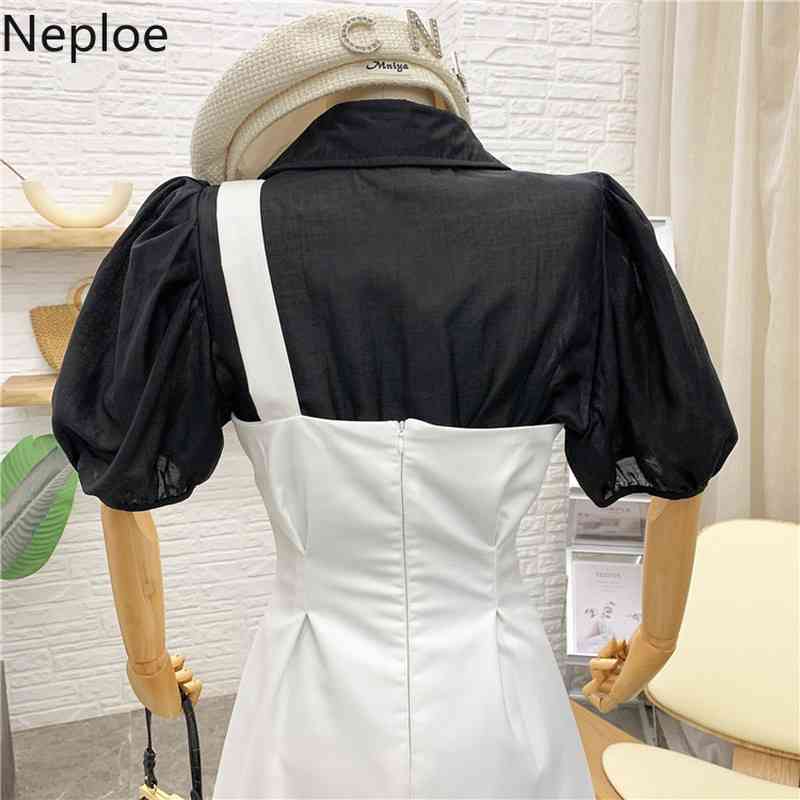 Neploe Women Set Spring Summer Korean Puff Short Sleeve Thin Sunscreen Shirt with One-shoulder Strap Dress Two-piece Suit Female 210422